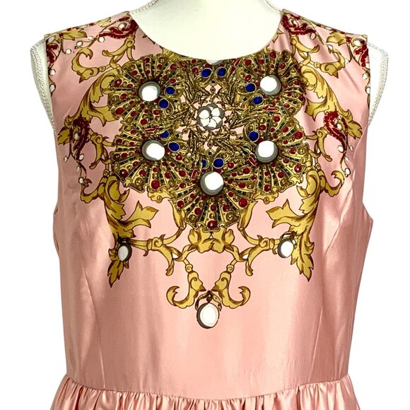 Joe Fresh Fit & Flare Pink Satin Cocktail Dress Size 8 Gold Blue Baroque Design - Picture 3 of 12